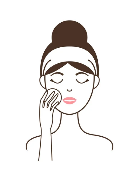 Chica joven limpia su cara con almohadilla de algodón redonda — Vector de stock