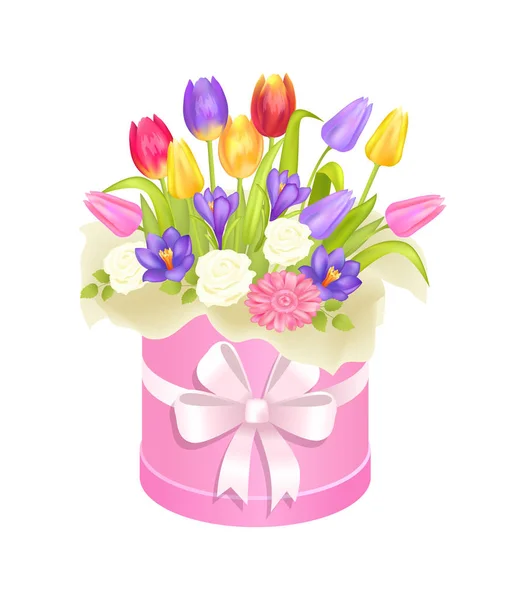Deliziosi tulipani di fiori primaverili, scatola di maria luminosa — Vettoriale Stock