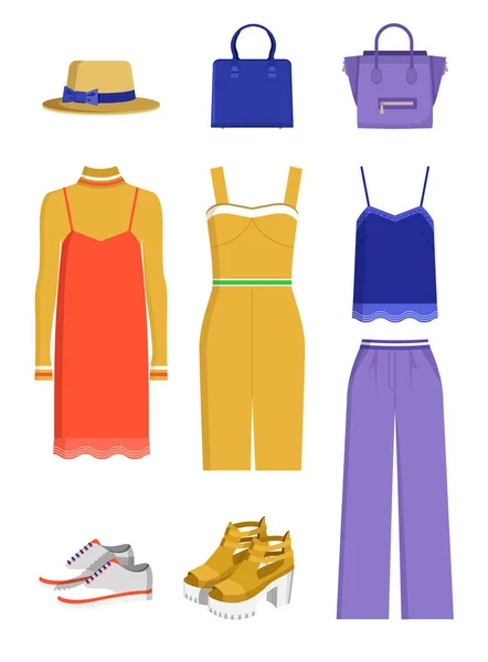 Bannière de couleur avec vêtements et accessoires pour eux — Image vectorielle