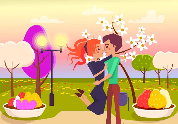 Felices abrazos de pareja en el parque al atardecer ilustración — Vector de stock