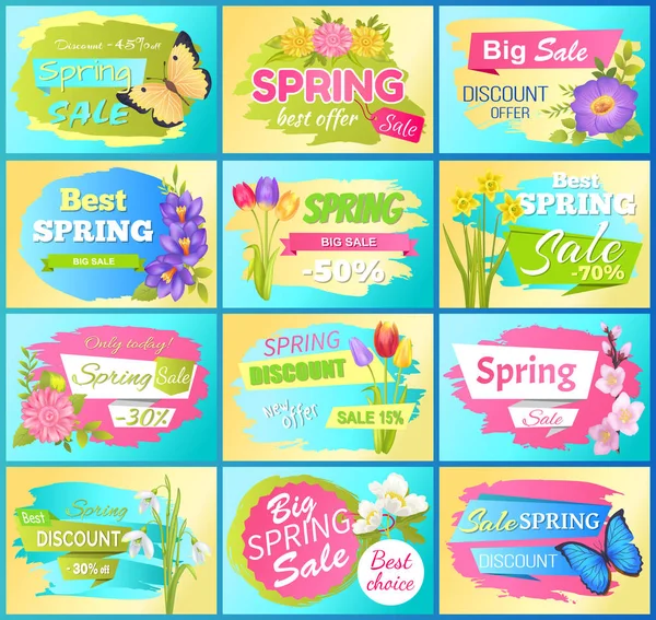 Etiketleri kümesi Super teklif bahar satış reklam çiçekleri — Stok Vektör