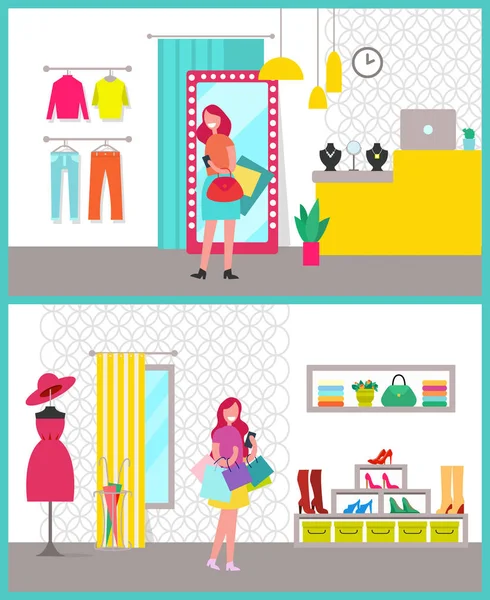 Affiches Shopping Femme Set Illustration vectorielle — Image vectorielle