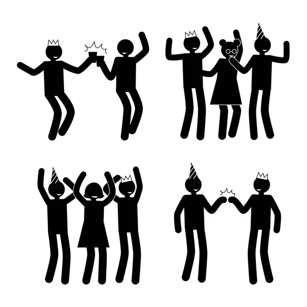 Set di pose per celebrazione Silhouette con pittogrammi neri — Vettoriale Stock