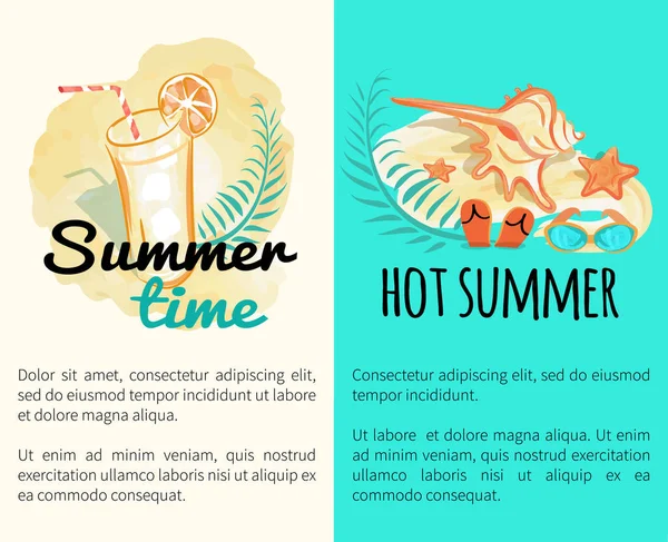 Tiempo de verano Carteles de vacaciones calientes con atributos — Archivo Imágenes Vectoriales