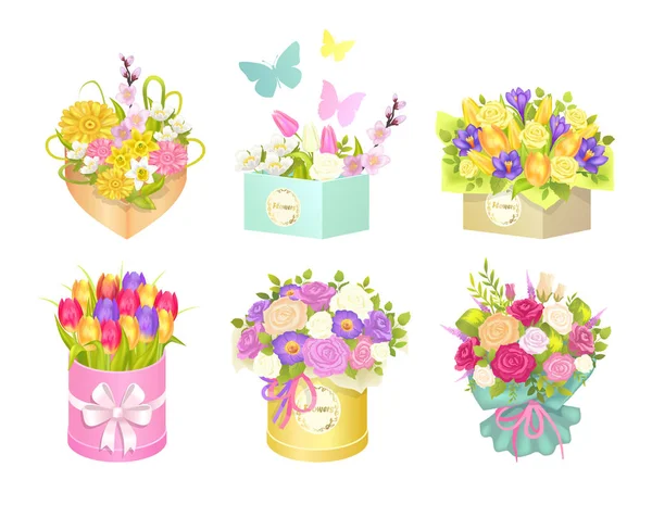 Schachteln Blumensträuße und Schmetterlinge Vektor Illustration — Stockvektor