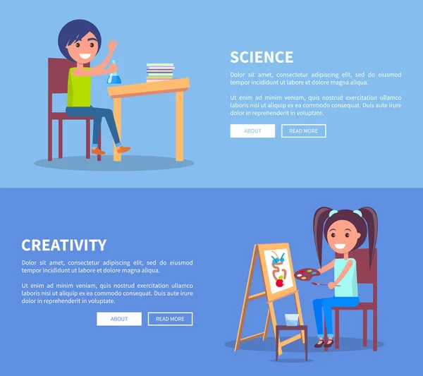 Affiches de créativité scientifique avec fille et garçon — Image vectorielle