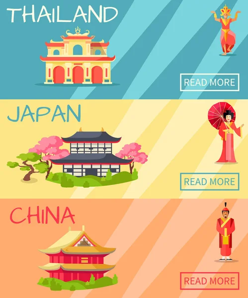 Ταϊλάνδη, την Ιαπωνία και την Κίνα τύποι σπιτιών Banner — Διανυσματικό Αρχείο