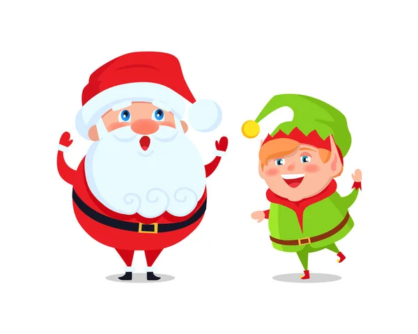 Papai Noel e Elfo Personagens de desenhos animados Saudações Vector — Vetor de Stock