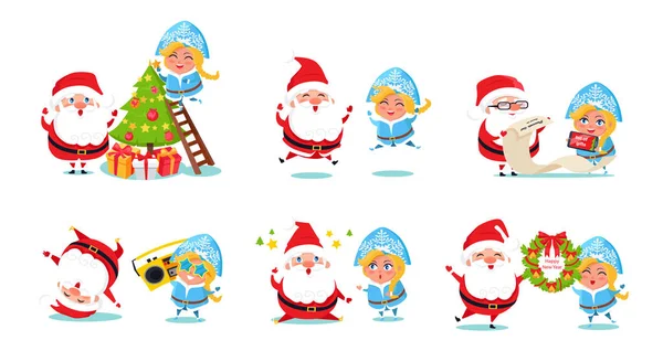 Kerstman met sneeuw Maiden iconen vectorillustratie — Stockvector