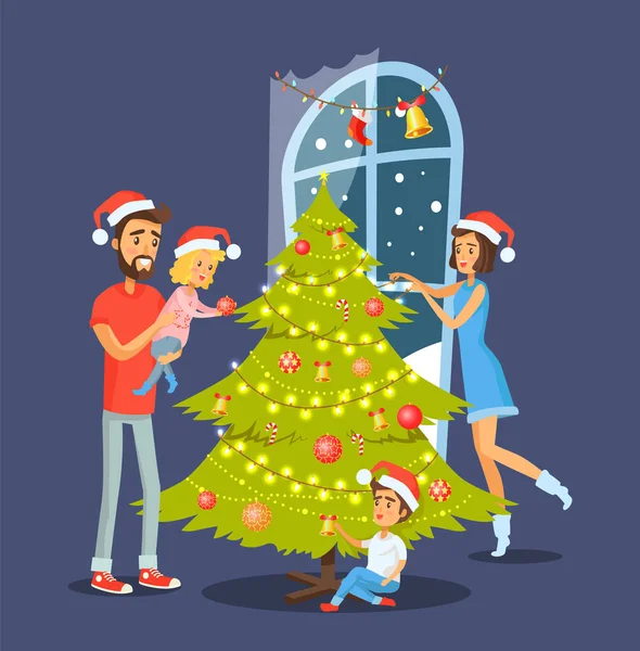 Família e árvore de Natal Vector Ilustração —  Vetores de Stock