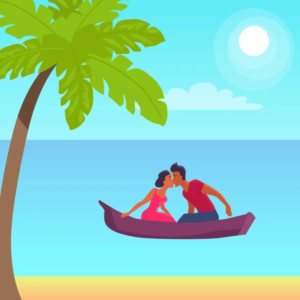 Banner de amor de verano con pareja besándose en barco — Vector de stock
