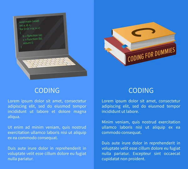 Banner de codificación con computadora portátil y libros de texto — Vector de stock