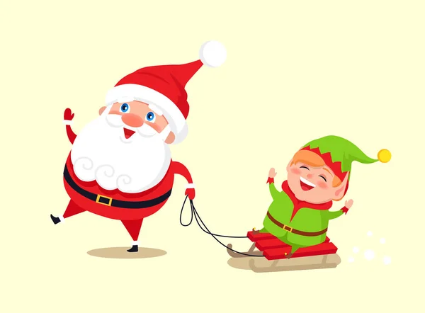 Santa Claus y Elf en Sledge Vector Illustration — Archivo Imágenes Vectoriales
