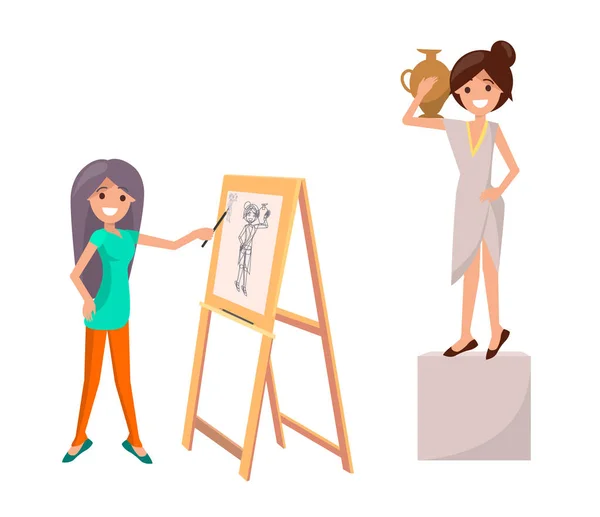 Mädchen zeichnet Stillleben Bild einer Frau mit Vase — Stockvektor