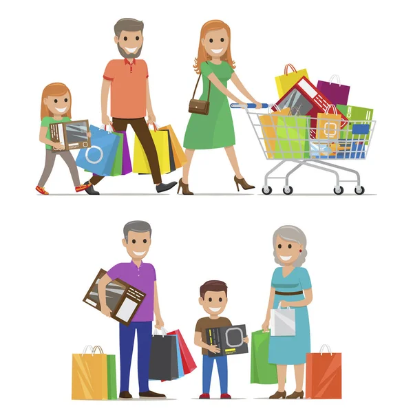 Ilustração de Compras Familiares. Crianças e pais —  Vetores de Stock