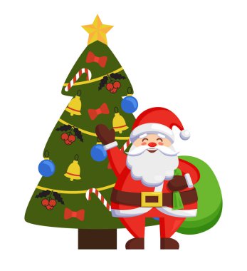 Mutlu Noel çanta dekore edilmiş Xmas ağacı yanında ayakta