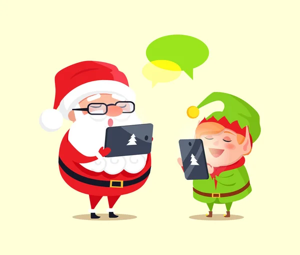 Santa-Elf-Zeichentrickfiguren chatten mit Smartphones — Stockvektor