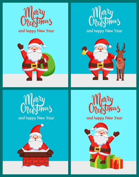 Feliz Navidad Feliz Año Nuevo Carteles de Papá Noel — Vector de stock