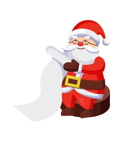 Santa Claus con lista de deseos se sienta en tronco de madera — Vector de stock