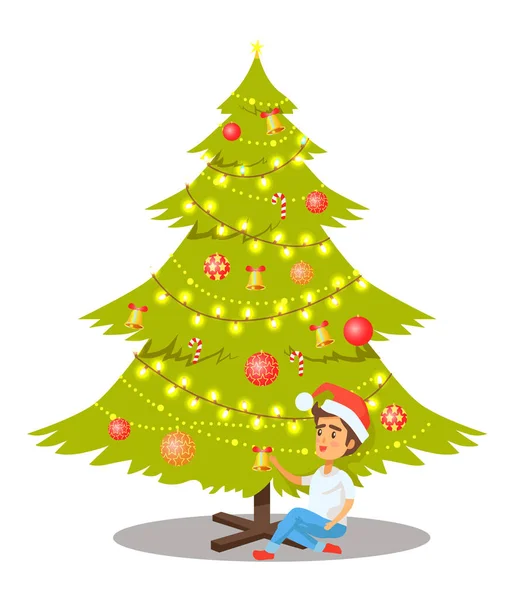 Albero di Natale e seduto ragazzo vettoriale illustrazione — Vettoriale Stock