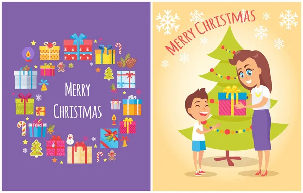 Merry Christmas Poster Boxes Symbols Mother Son — Stock Vector