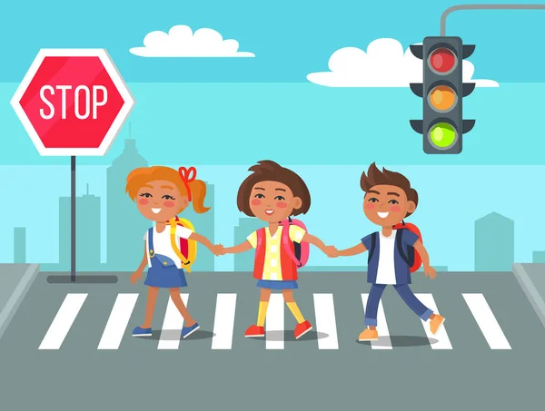 Niños Crossing Road in City Ilustración de dibujos animados — Vector de stock