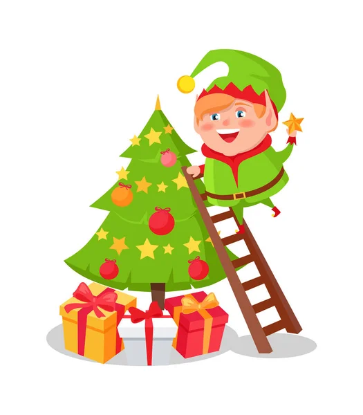 Elfo personaggio dei cartoni animati Decorare Albero di Natale Stella — Vettoriale Stock