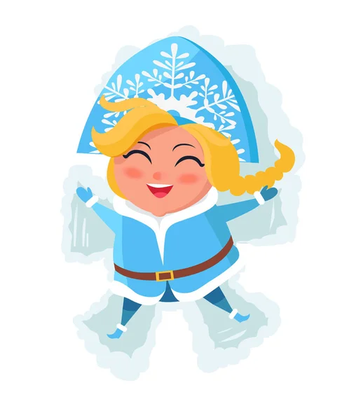 Glimlachend sneeuw Maiden leggen in sneeuw maakt cijfers — Stockvector