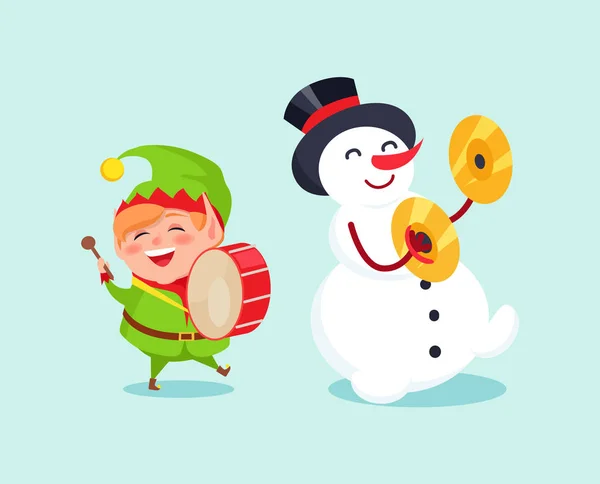 Schattig Elf spelen op de Drum sneeuwpop met cimbaal muziek — Stockvector