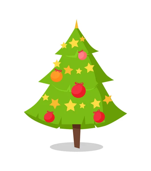 星で飾られた緑色のふさふさしたクリスマス ツリー アイコン — ストックベクタ