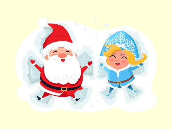 Doncella de nieve y Papá Noel haciendo ángel en la nieve — Archivo Imágenes Vectoriales