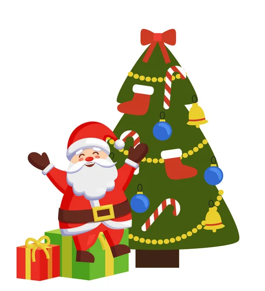 Happy Santa zit op geschenkdozen versierd kerstboom — Stockvector