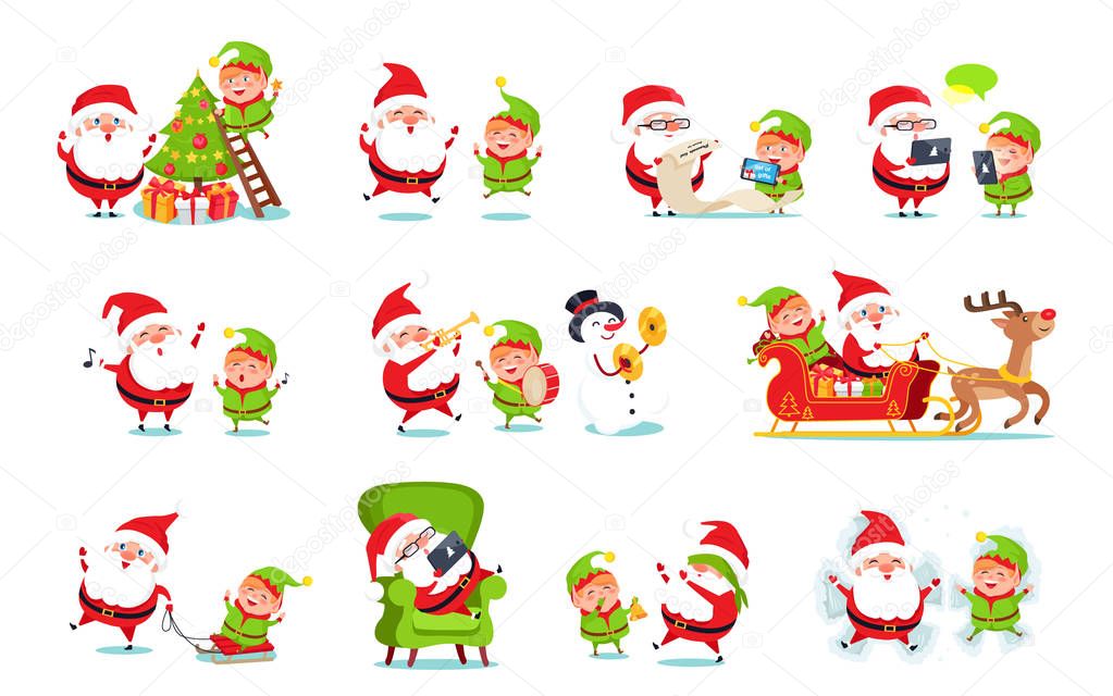 Santa Claus Activities Set Vector Illustration