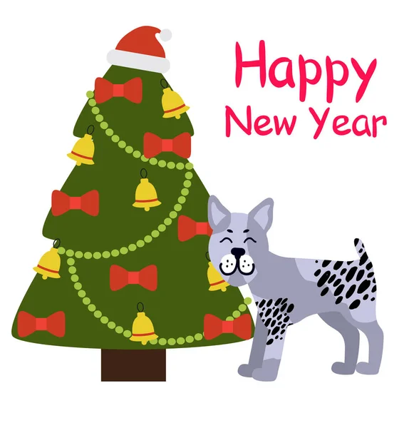 Mutlu yeni yıl afiş gri köpeğin yanına Xmas ağacı ile — Stok Vektör