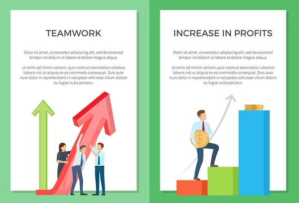 Teamwork and Increase in Profits Set of Posters — Stock Vector