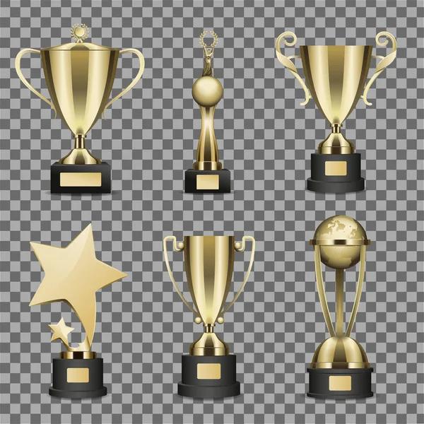 チャンピオンのための六つの黄金のトロフィー カップの概念 — ストックベクタ