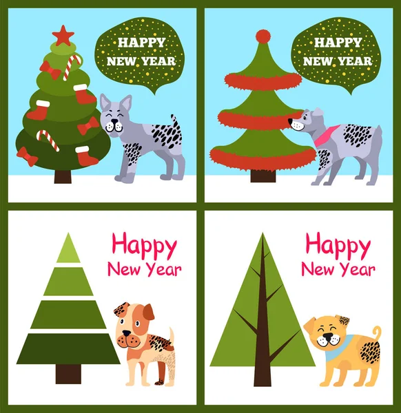Feliz Año Nuevo Carteles Set Perros de Navidad Símbolo Árboles — Vector de stock