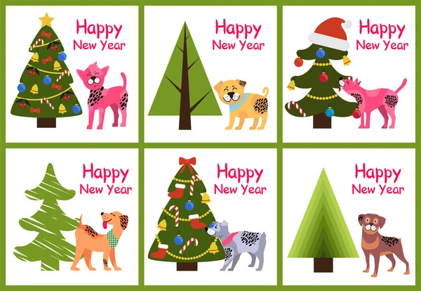 Happy New Year Posters Set Christmas Trees Puppies — Stock Vector
