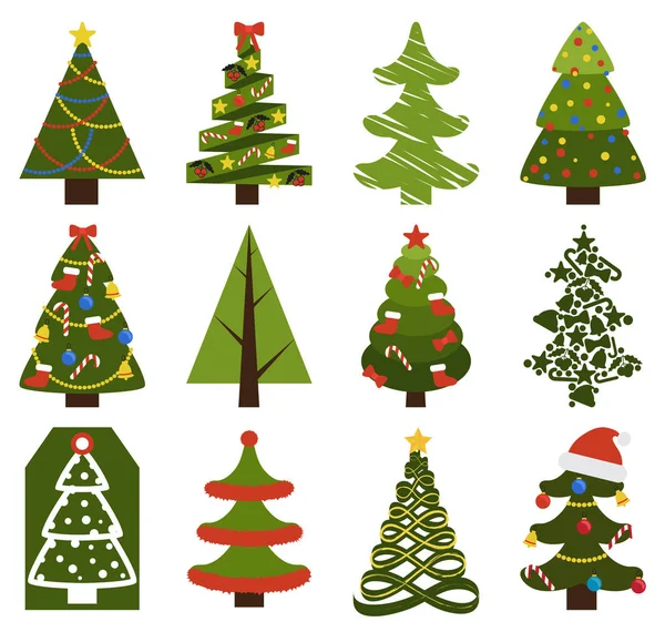 Großes Set Weihnachtsbaumsymbole mit ohne Dekor — Stockvektor