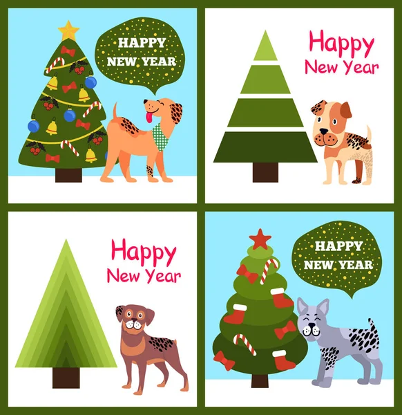 Mutlu yeni yıl posterler koymak Noel ağaçları kukla — Stok Vektör