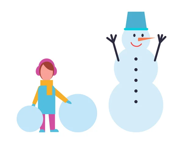 Κορίτσι στο ζεστό ύφασμα κρατήστε μπάλες χιονιού και χιονάνθρωπο — Διανυσματικό Αρχείο