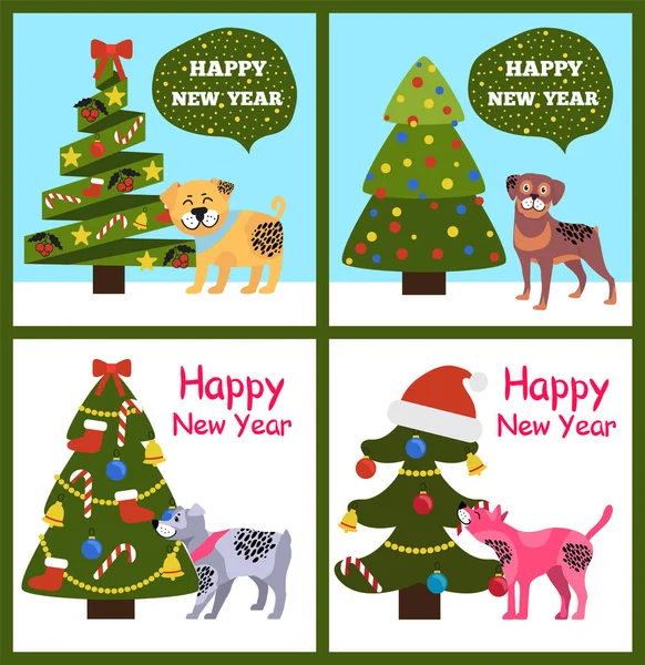 Mutlu yeni yıl posterler koymak Noel ağaçları kukla — Stok Vektör