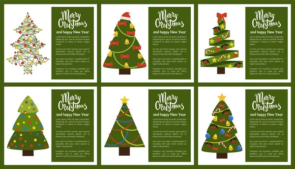 Feliz Navidad y feliz año nuevo cartel árbol conjunto — Vector de stock