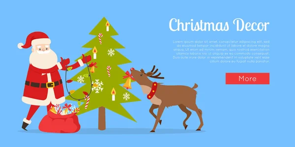 Père Noël et grand renne décorer sapin — Image vectorielle