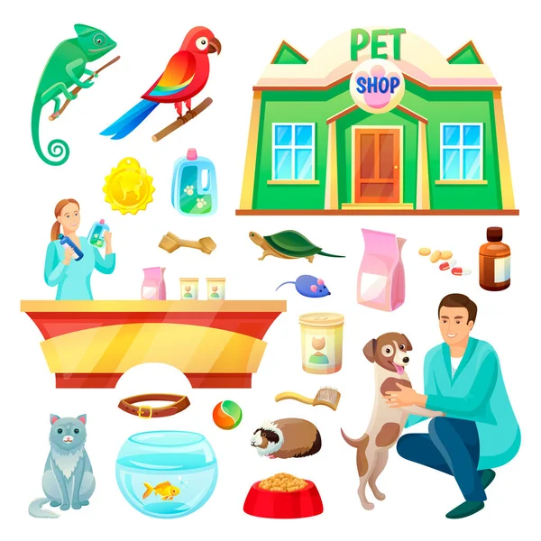 Pet Shop Illustrations with Animals and Products — Stock Vector