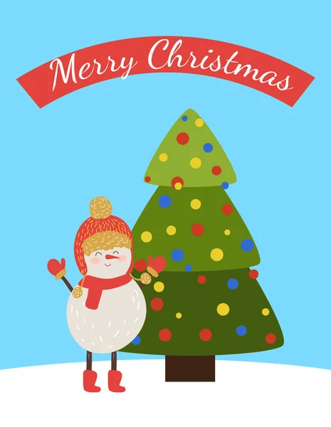 Merry Christmas Postcard with Cartoon Snowman — Stock Vector