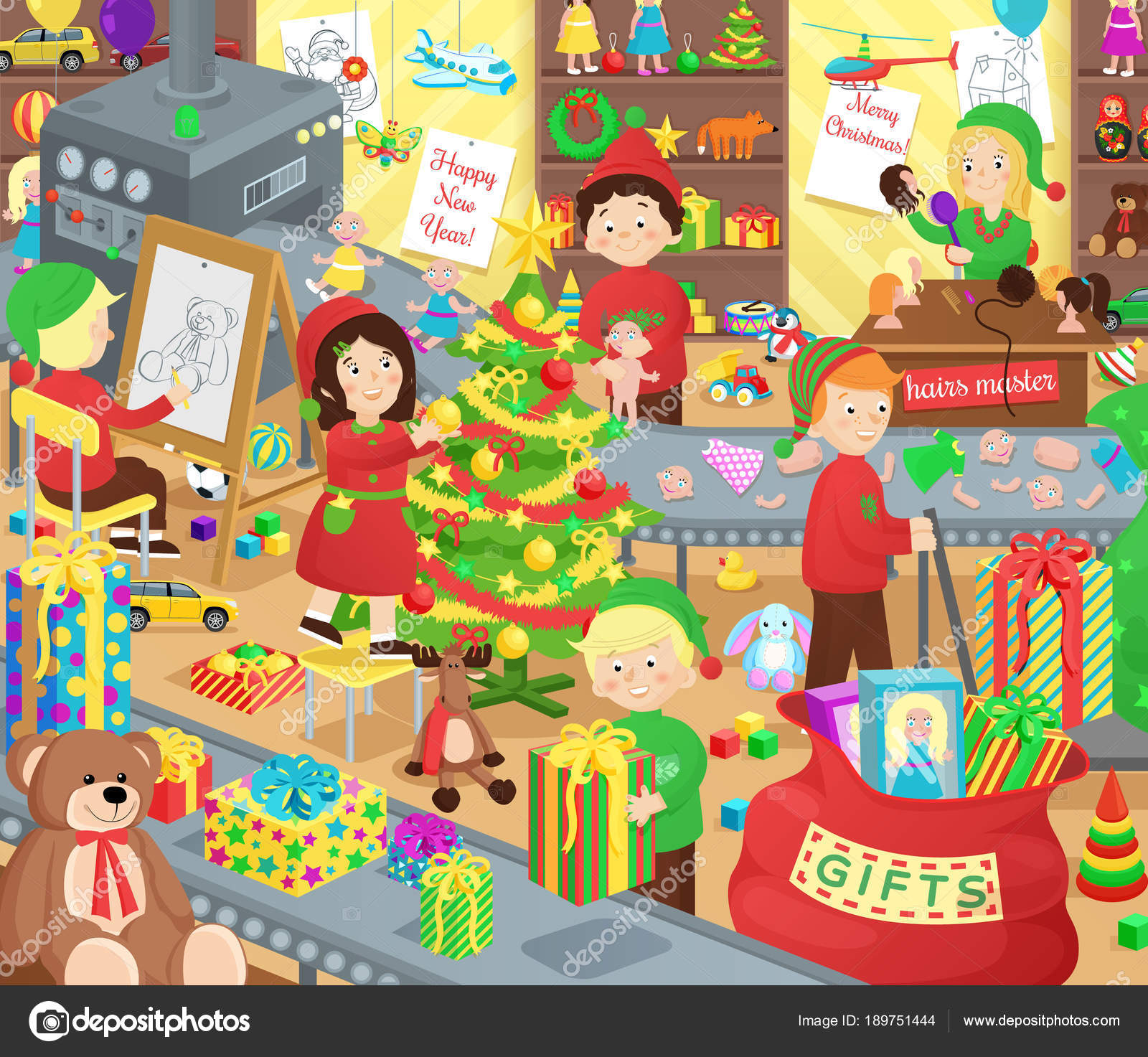 Santa Claus presenta fábrica con pequeños ayudantes Vector de