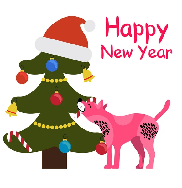 Mutlu yeni yıl tebrik kartı karikatür köpek benekli — Stok Vektör