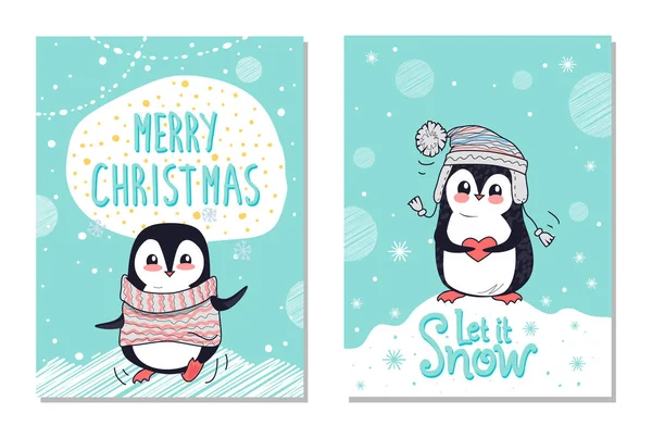 Merry Christmas wenskaarten laat Snow Penguins — Stockvector