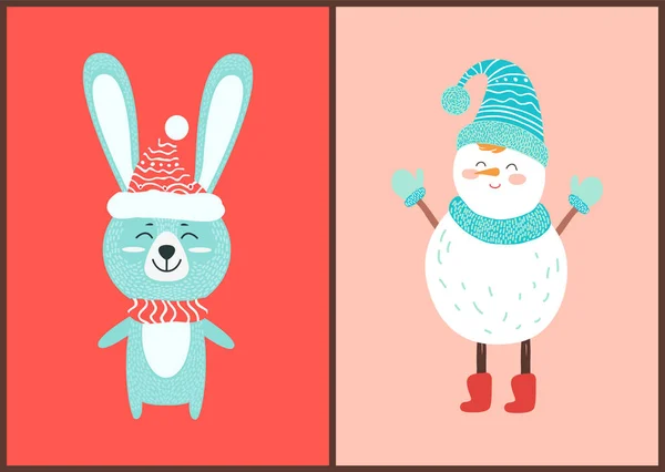Вектор счастливого зайца и белого снеговика — стоковый вектор